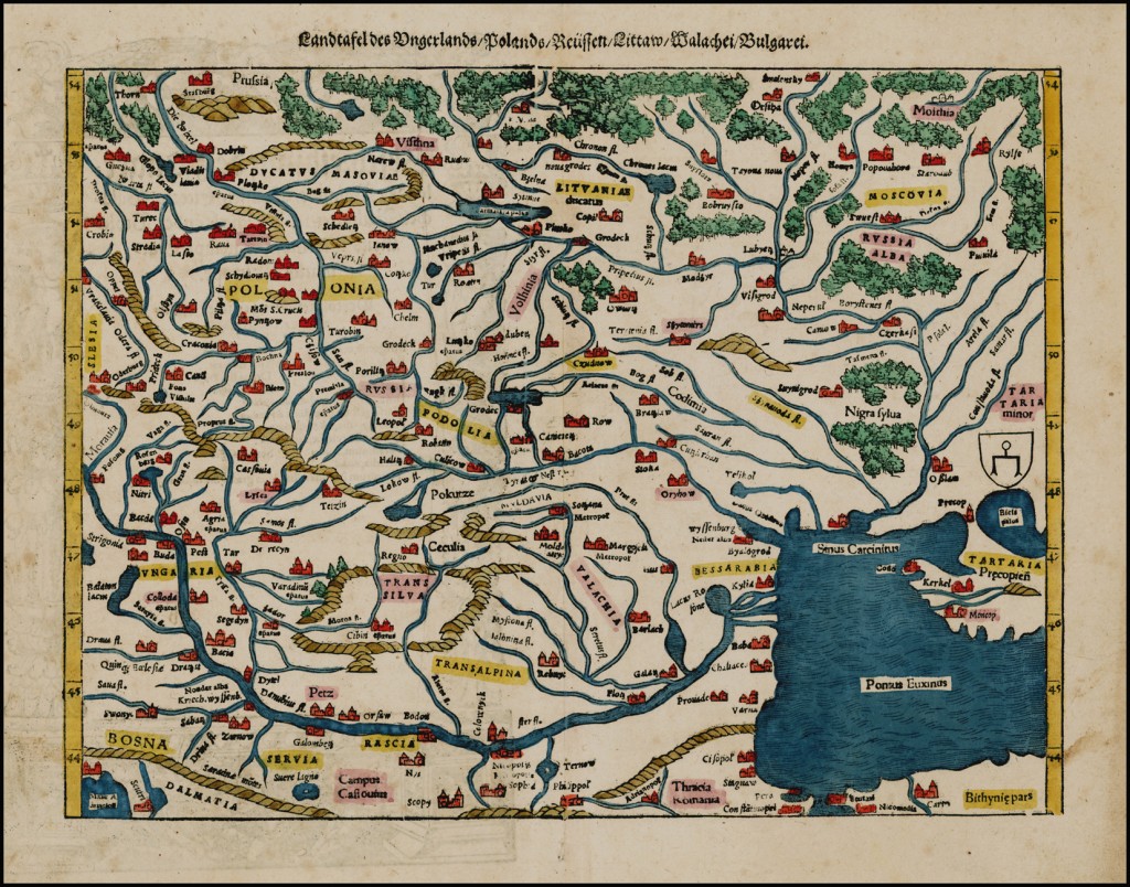 Sebastian-Munster_1550_basel_Landtafel-des-Ungerlands_Polands_Reuffen_Littaw_Walachei_Burgarei-1024×804